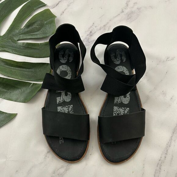 Sorel Womens Ella Flat Sandals Size 10 Black Leather Ankle Wrap Straps - Picture 2 of 7